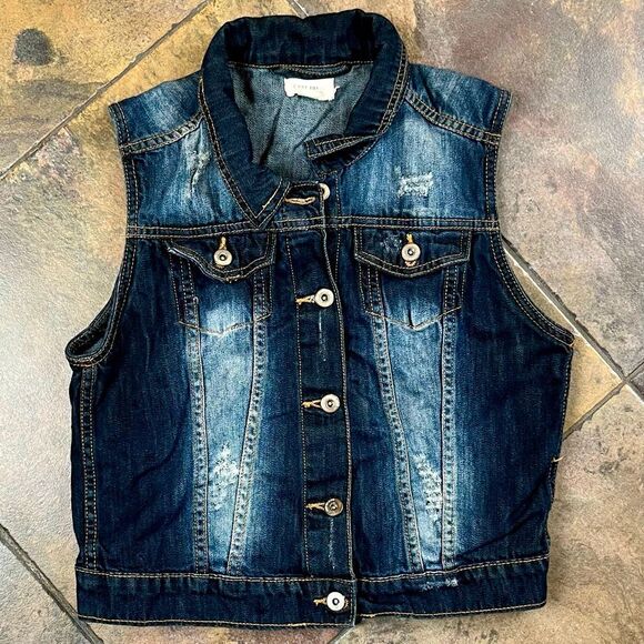 C'est Toi Dark Wash Distressed Sleeveless Denim Vest M - Picture 3 of 9